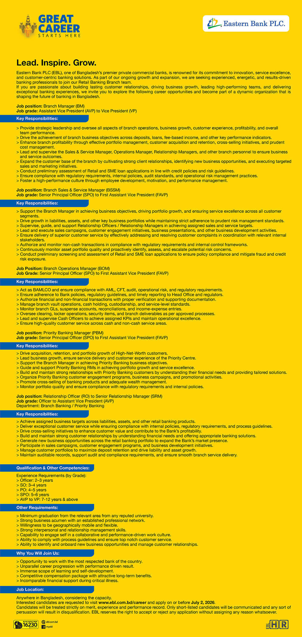 ইস্টার্ন ব্যাংক নিয়োগ বিজ্ঞপ্তি ২০২৬ - EBL Job Circular 2026 2026 - Image 1